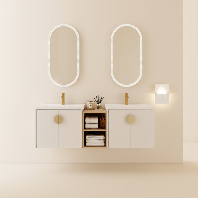 Meuble-lavabo mural 60 po avec lavabo. Finition blanc brillant. Petites tablettes de rangement. Bassin en céramique, contreplaqué. 2 armoires et lavabos. Assemblage requis Portes à fermeture en douceur de 60 po et montées, lustré