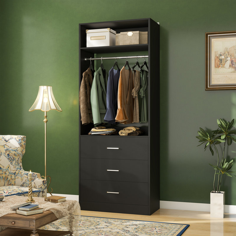 Freestanding Small 24" Closet System With 3 Wood Drawers, Black