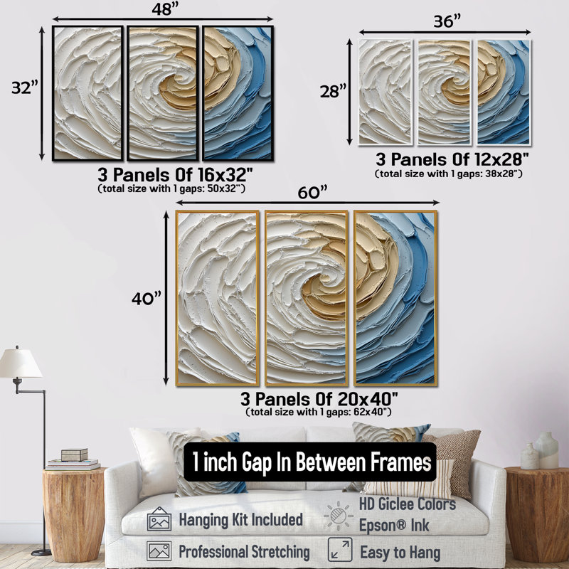«Blue and White Spiraling Hearts II», ensemble d'art mural à spirales abstraites, Toile avec cadre flottant noir