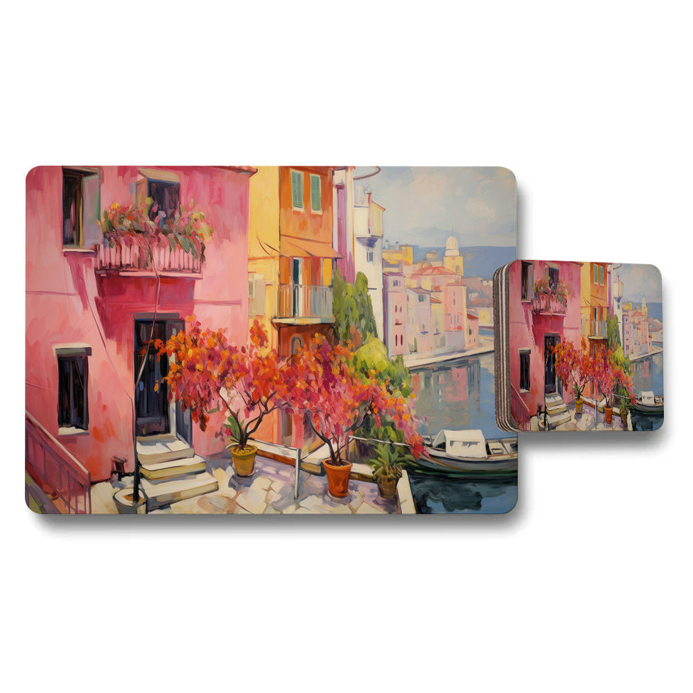 Colorful Mediterranean Coastal Village Placemat Coaster Set