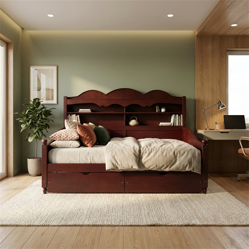 Twin-Size Daybed Frame, Platform Bed With Storage, Espresso Wooden Daybed, No Spring Box Required, Vintage Style, Walnut