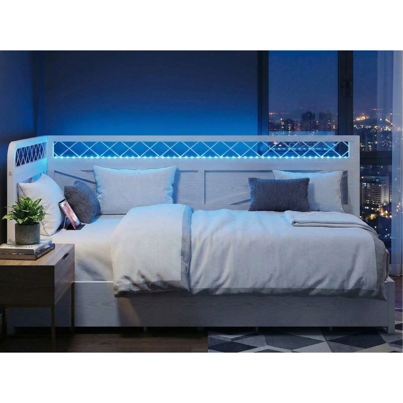 Industrial Corner Daybed With LED Lights & Storage Drawer - 900Lb Capacity, White, Twin