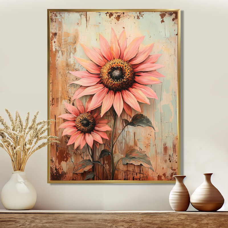 Dontai rétro rose, tournesols en fleurs II - art mural tournesols, H 20 po x l 12 po, Impression encadrée flottante, Doré