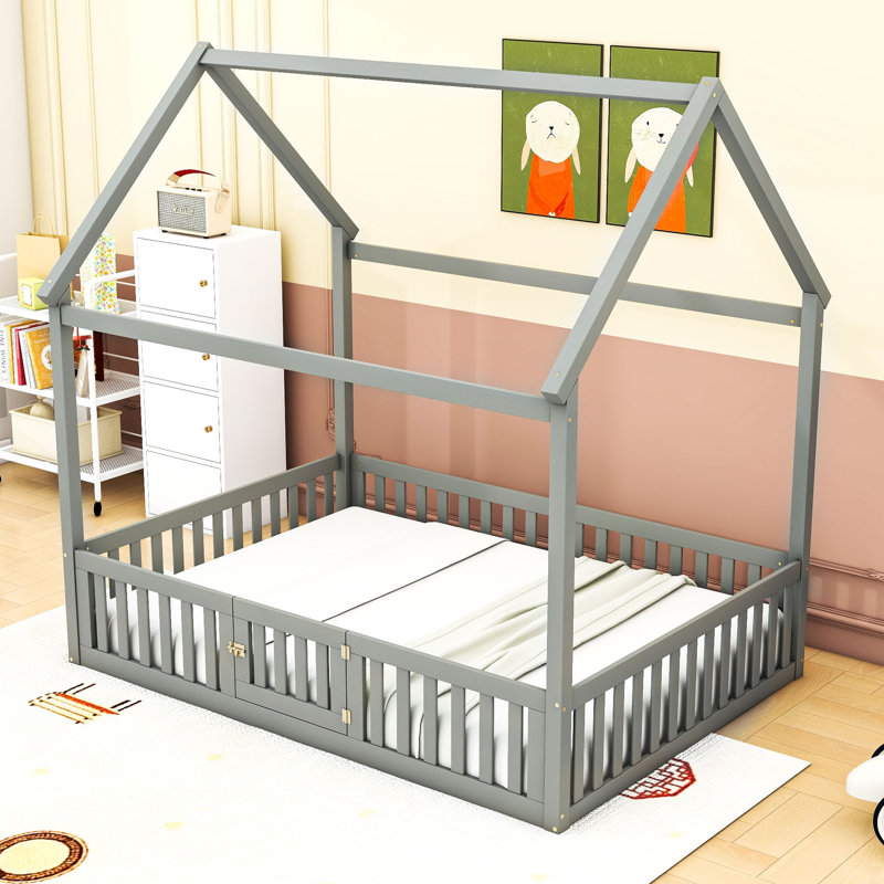 Isakson Wood House Bed with Fence and Door, Full/Double, Gray