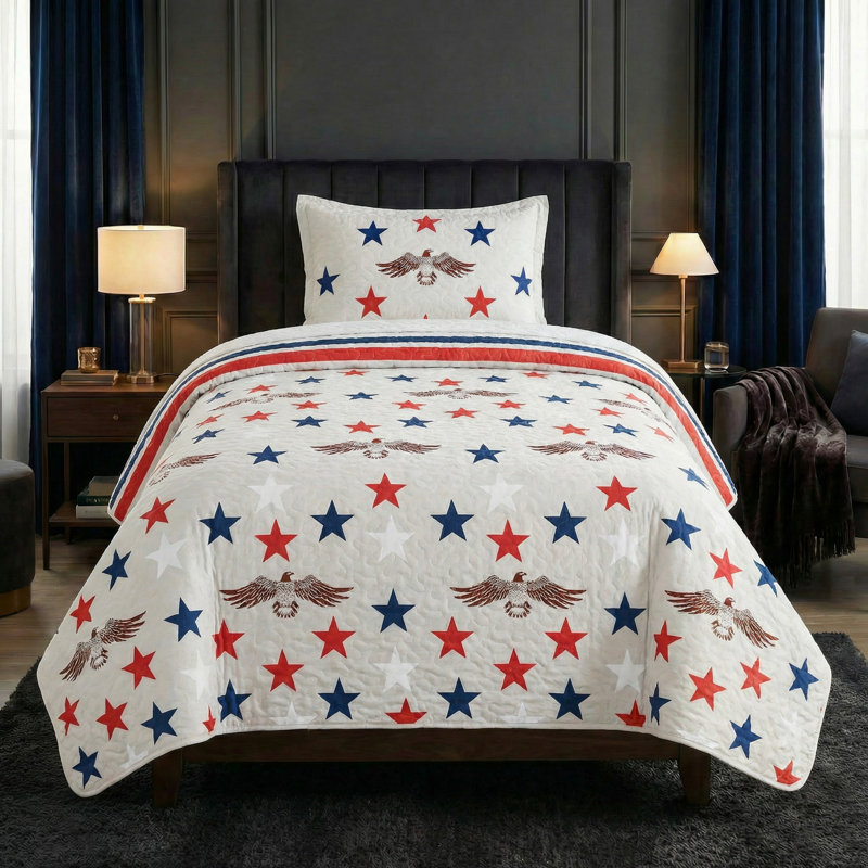 2-Piece Twin Quilt Set - Twin Bedspread and Pillow Sham with Patriotic Star Pattern - Lightweight Quilt Bedding Set for All Seasons - Soft Microfiber Coverlet by Lavish Home (Stars/Stripes)
