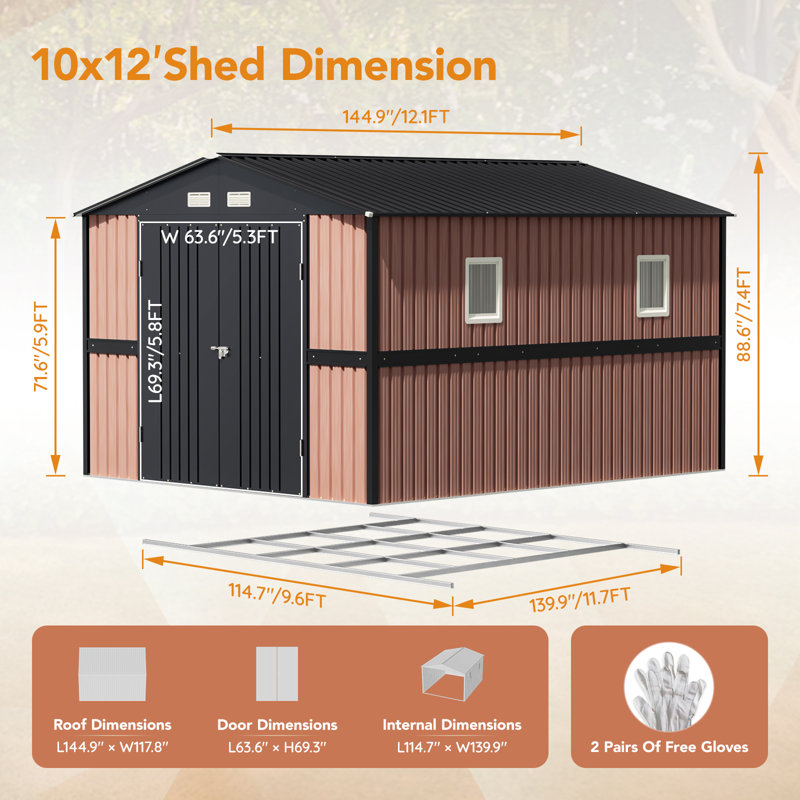 10 X 12 Ft Sheds & Outdoor Storage,Tool Shed With Sloping Roof And Lockable Door,Anti-Corrosion Metal Shed, Pink, Yes