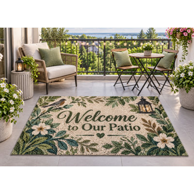 Tapis d'extérieur 152 x 213 cm (5' x 7') à motif floral botanique, résistant et imperméable, en PVC bouclé, séchage rapide, idéal pour porche, terrasse, balcon ou entrée.