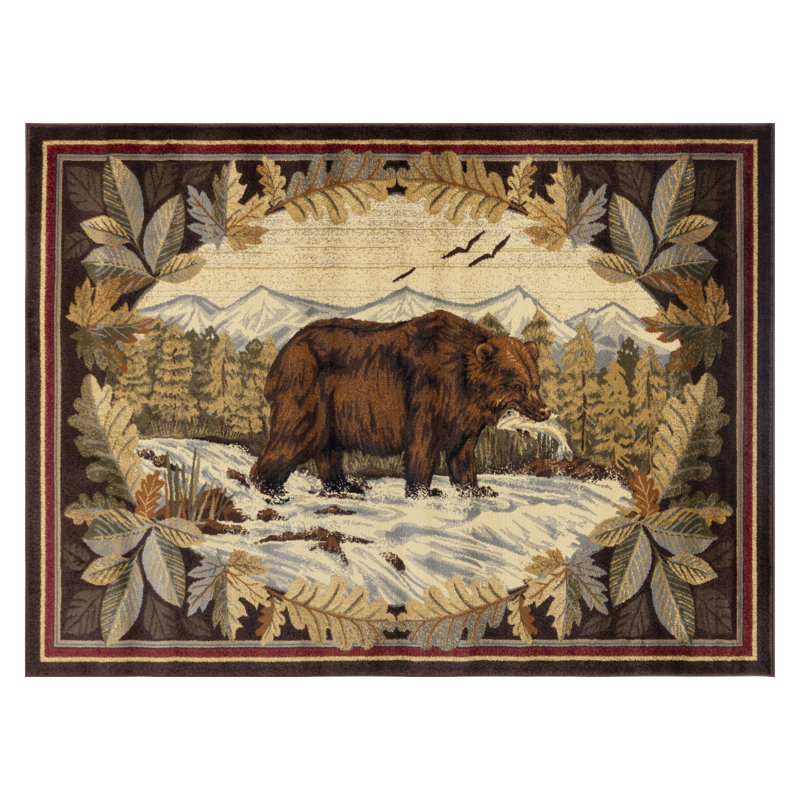 Tapis brun de style chalet avec motif d'ours de chasse - tapis en polypropylène durable 2 pi x 3 pi pour décor rustique de chalet