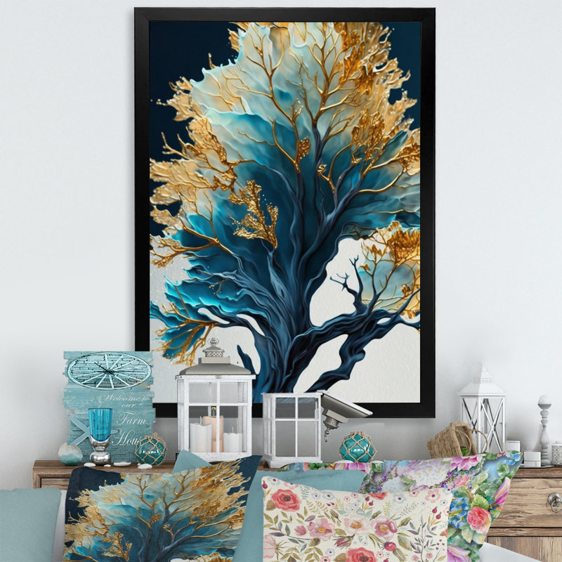 «Abstract Blue and Gold Leaves IV», reproduction sur toile, H 32 po x l 24 po x P 1 po, Toile encadrée noire à coins fermés