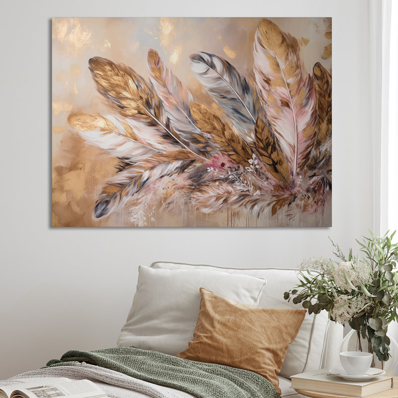 Plume dorée Boho Majesty - Glam Feather, impressions encadrées, H 16 po x l 32 po x P 1 po, Toile tendue