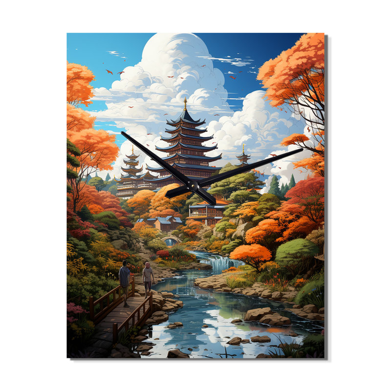 Temple japonais dans un jardin d'automne coloré - horloge murale art asiatique, Grand