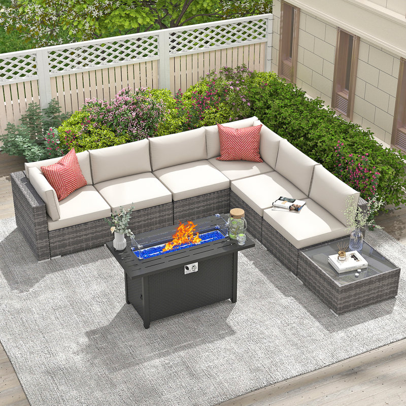 Ensemble de conversation modulaire en osier pour 6 personnes avec coussins, Coussin orange / cadre brun