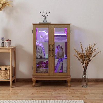 2 Doors Curio Cabinet With Tempered Glass Doors, Cabinets With Mirrored Back Panel And Adjustable Shelves