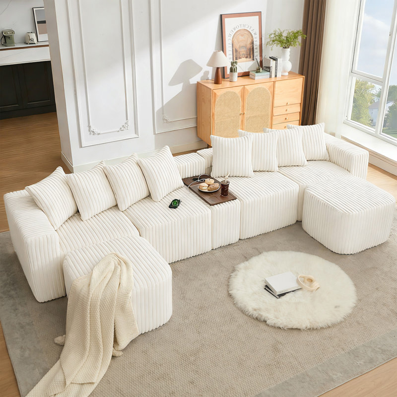 Canapé en U de 137,5 po, charge USB et sans fil, table basse avec porte-gobelet, Beige