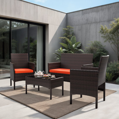 Ensemble de meubles de patio 4 pièces pour l'extérieur - Causeuse en osier de rotin PE, chaises et table à plateau en verre avec coussins, idéale pour le jardin ou le porche