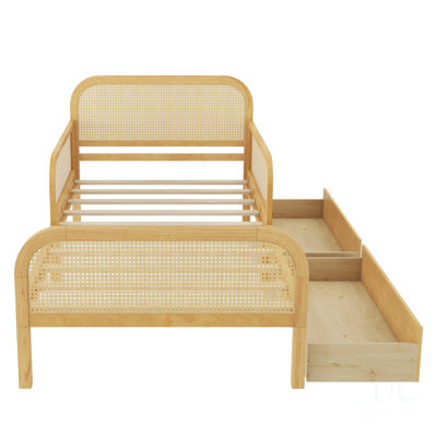 Structure de lit plateforme simple avec 2 tiroirs de rangement, lit en rotin pour enfants avec tête et pied de lit
