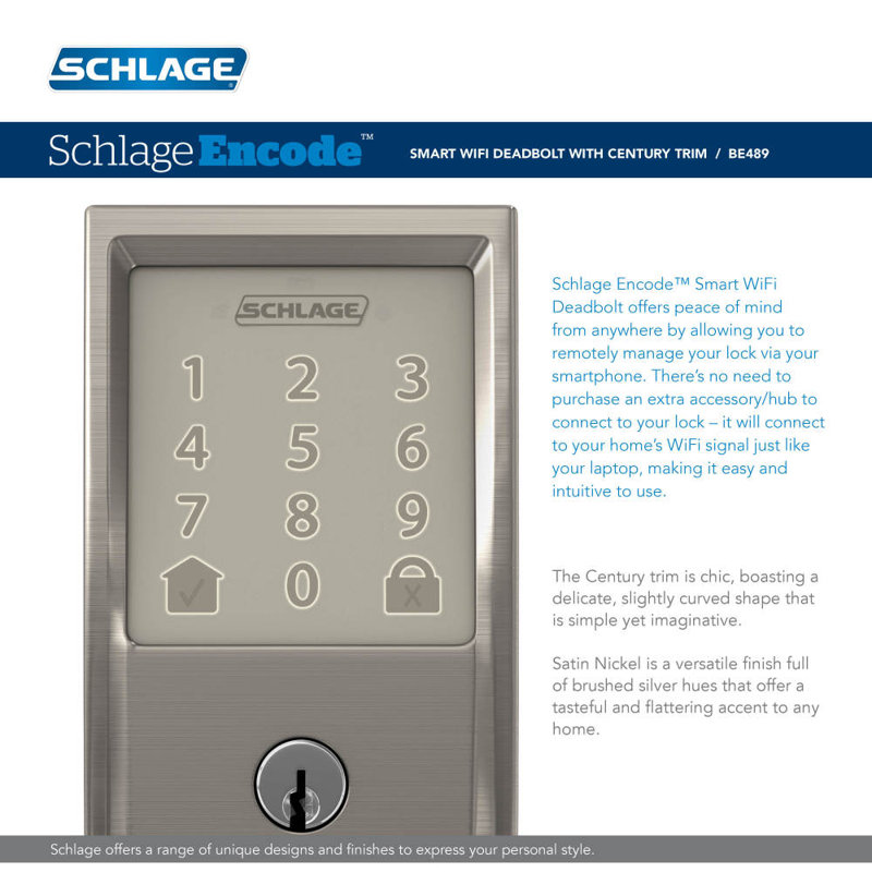Encode Smart WiFi Deadbolt with Century Trim, Satin Nickel, Yes