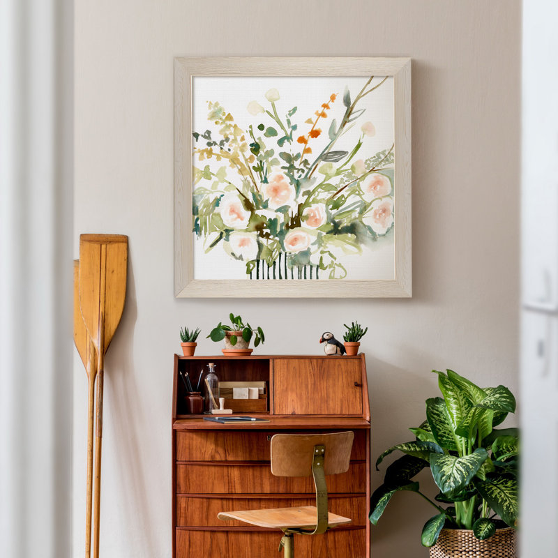 Imprimé fleurs en « I », H 35,5 po x l 35,5 po x P 1,5 po, Toile blanche encadrée