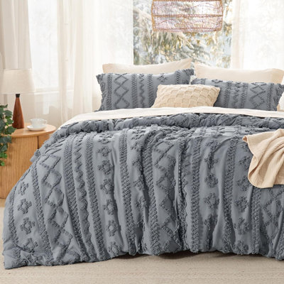 Ensemble d'édredon touffeté Boho très grand - gris, ensemble d'édredon Boho Bedding, ensemble de literie à broderie Shabby Chic 3 pièces, cadeaux pour femme, édredon en jacquard doux pour toutes les saisons