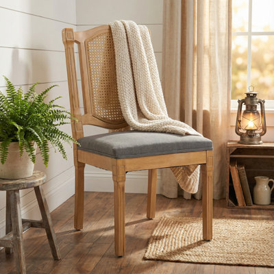 Solid Wood Rattan-Back Dining Chair with Matte Linen Cushion, High-Resilience Foam & S-Springs