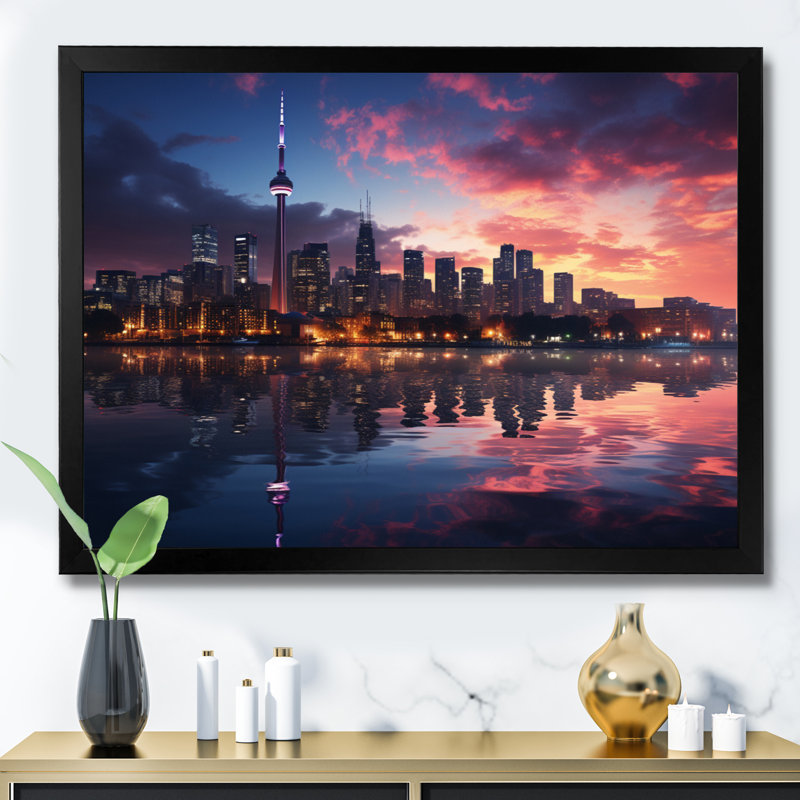 Toronto Canada Cityscape - Nautical & Beach Wall Art Living Room, H 34 po x l 44 po x P 1,5 po, Cadre photo noir