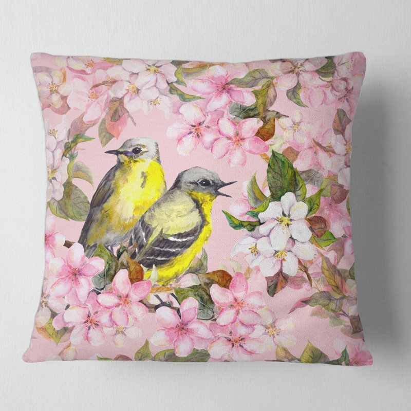 Housse et insert de coussin cerise Sakura et fleurs de pommier avec oiseaux I, 18" x 18"