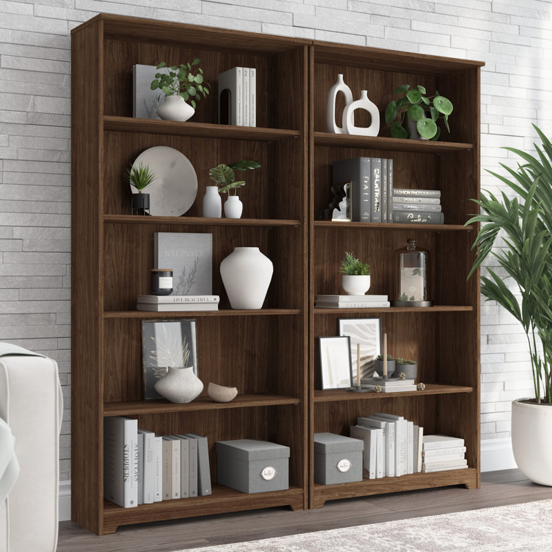 66.3" H Manufactured Wood 5-Shelf Bookcase (Set of 2), Modern Walnut