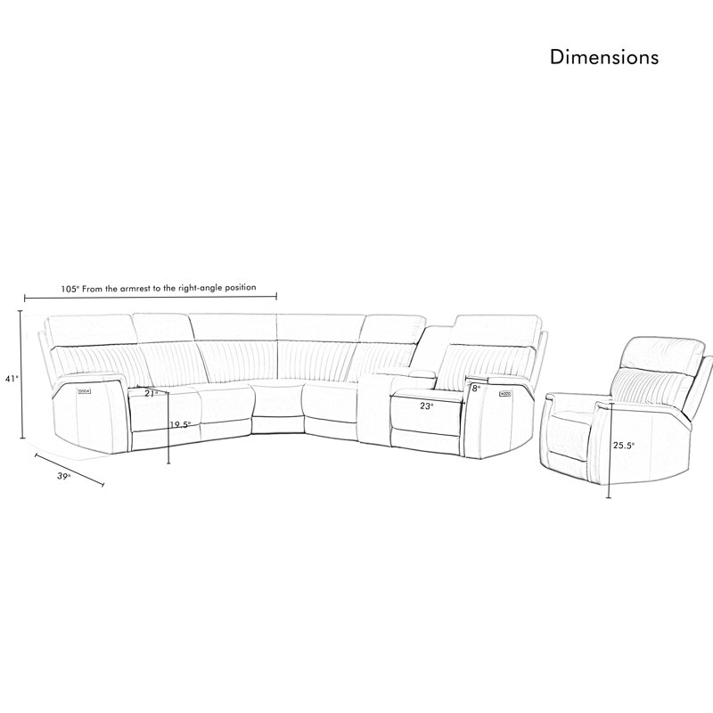 Ensemble de salon Emlin 7 pièces, 2 fauteuils inclinables électriques, canapé d'angle inclinable en cuir, appui-tête et soutien lombaire électriques.