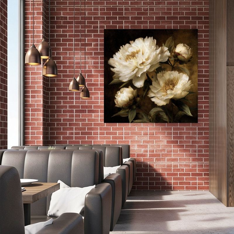 Rêveur rétro floral classique délicat, pivoine dramatique, impression murale, 48" H x 48" W