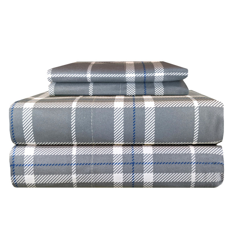 Micro Flannel® Printed Deep-Pocket Sheet Set, California King Sheet Set with 2 Pillowcases, Carlton Plaid Gray
