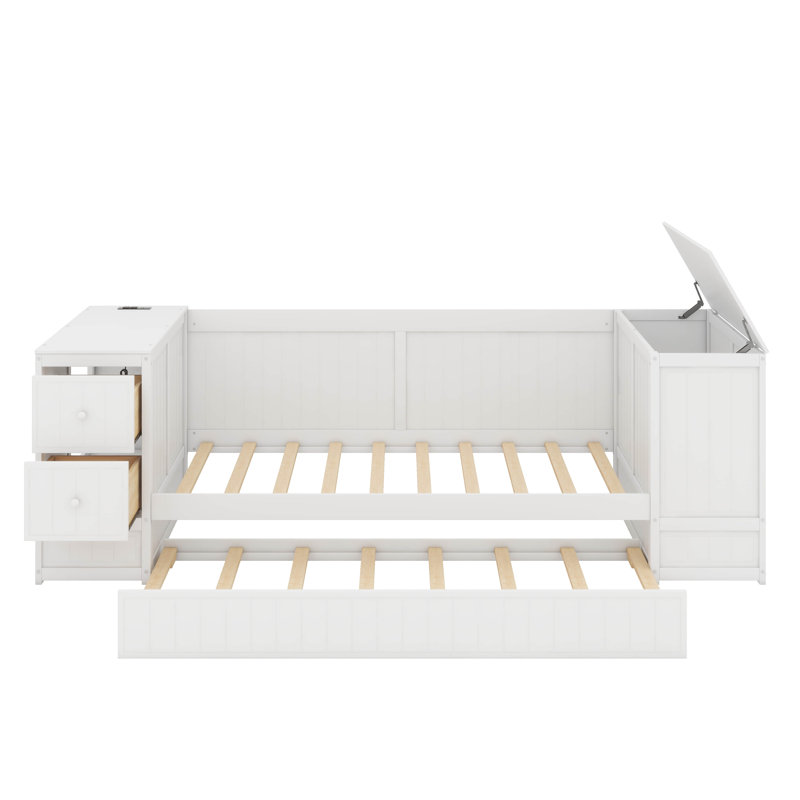 Twin Size Daybed With Storage Arms, Trundle And Charging Station, White
