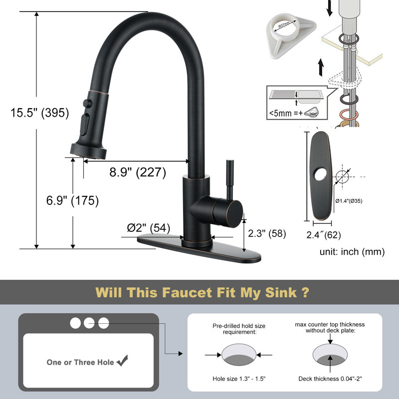 Pull Down Single Handle Kitchen Faucet with 3-Modes Advanced Spray, Oil Rubbed Bronze