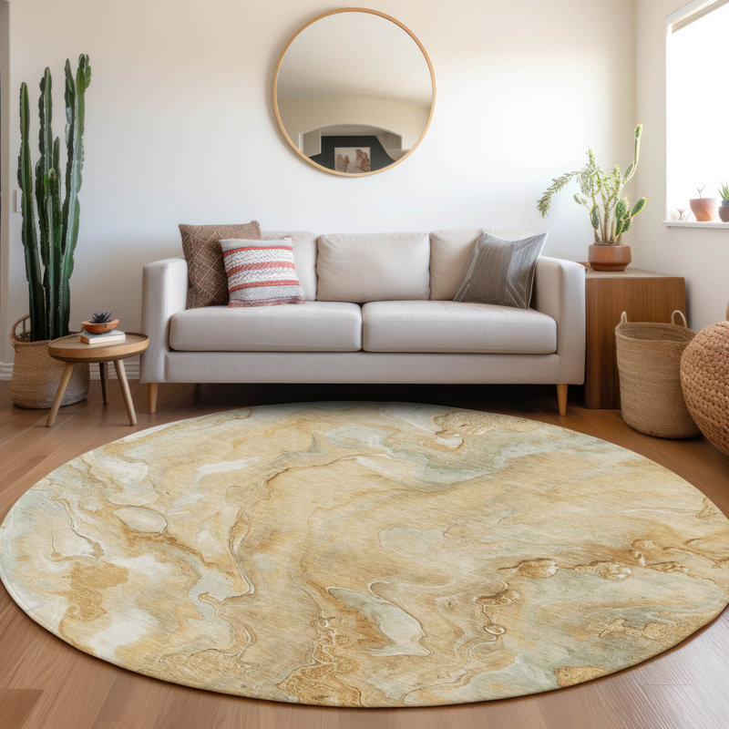 Machine Washable Indoor/Outdoor Cinead ACN1707 Gold Rug, Round 8'