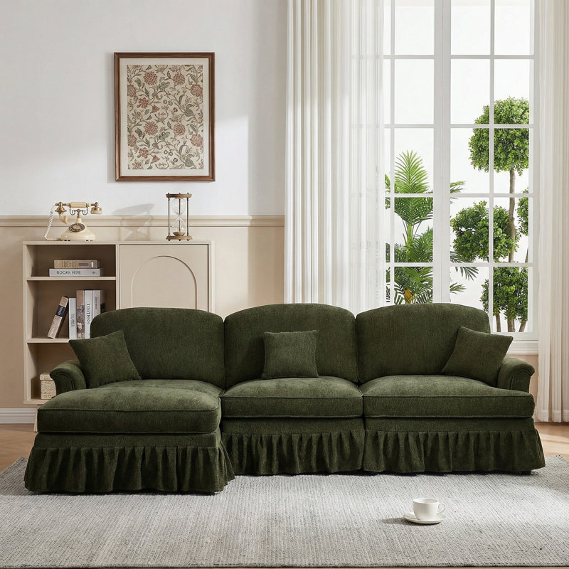 Élégant canapé surdimensionné de style Mid-Century à 3 places avec repose-pieds - jupe détachable en chenille 2 en 1 avec pieds fuselés