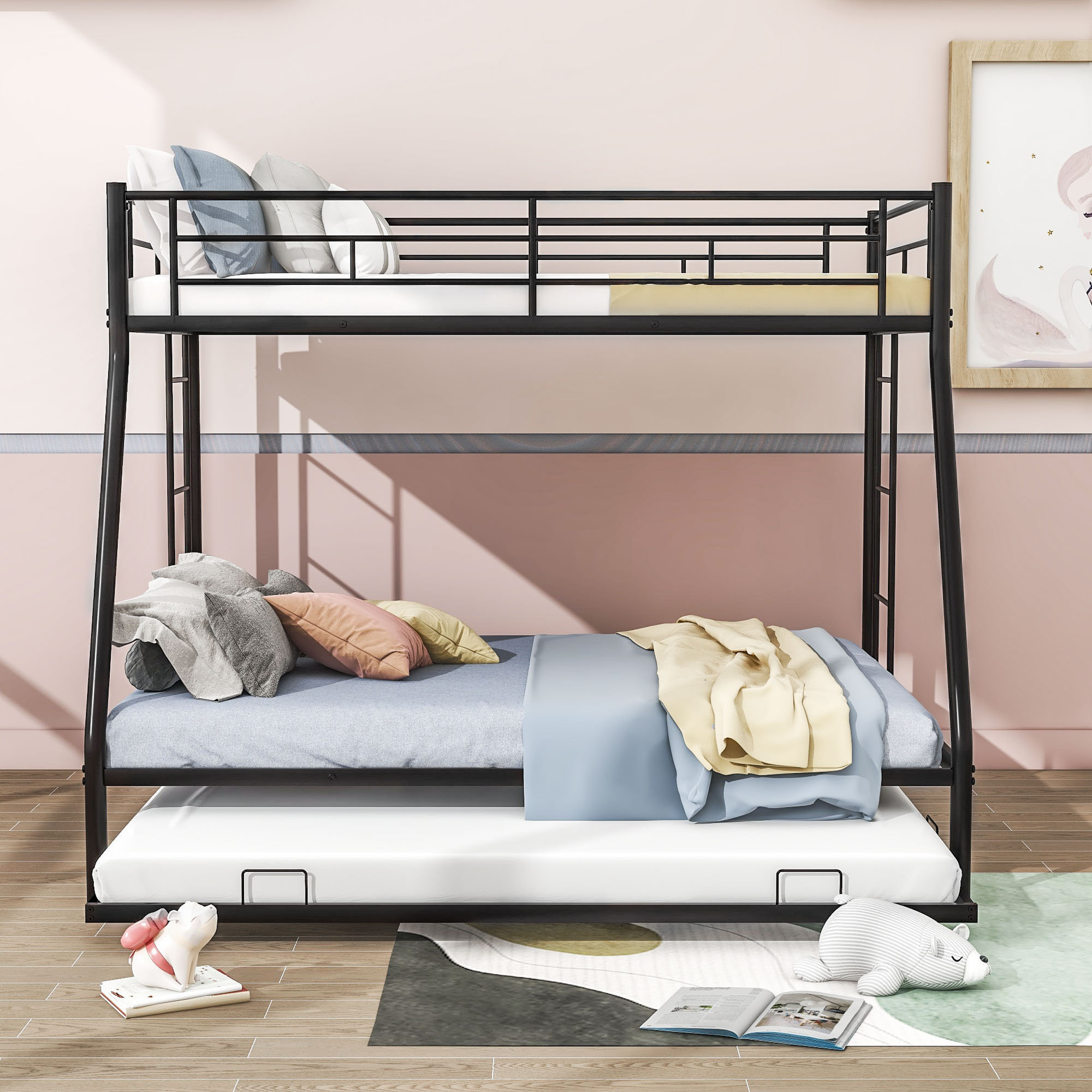 YUNMA Twin-Over-Full Metal Bunk Bed With Trundle And Ladders | Wayfair