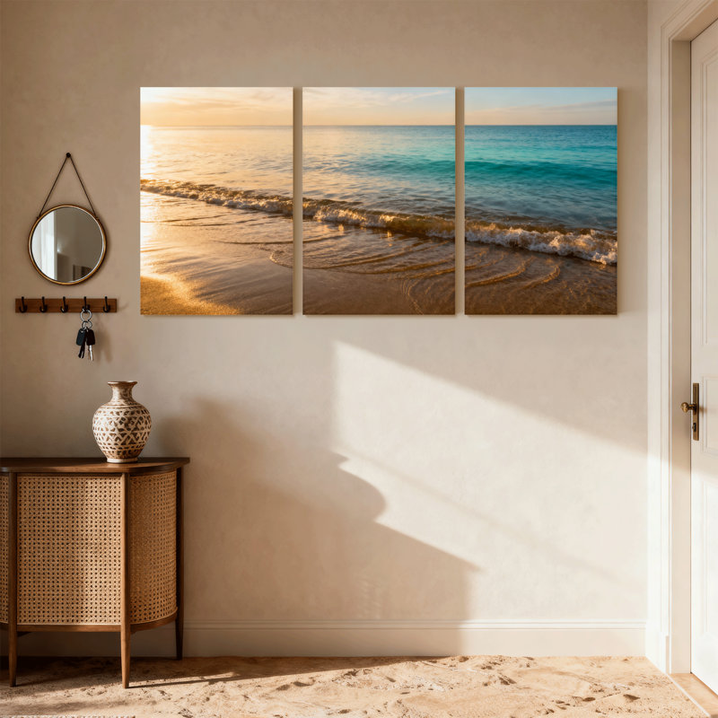 Plage, coucher de soleil doré, plage, vagues, océan, ciel, sable, ensemble de 3 impressions sur toile, H 18 po x l 36 po