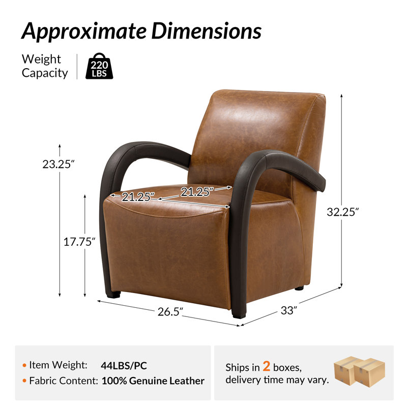  Peru 26.5"W Modern Napa Full Top Grain Genuine Leather Armchair with Unique Arms, Cognac