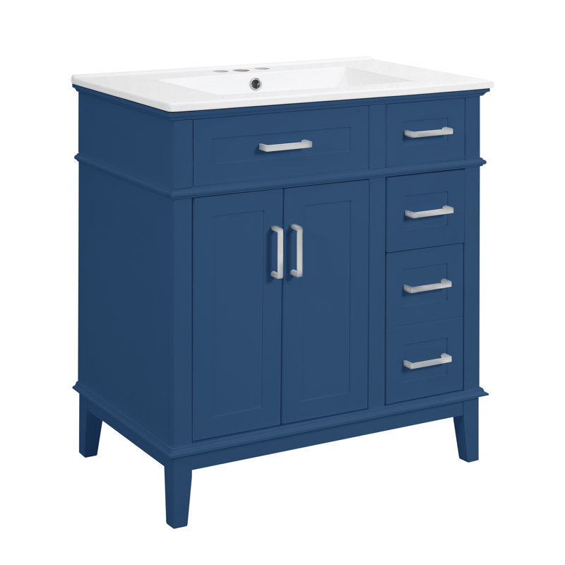 30" Bathroom Vanity With Ceramic Top, Cabinet And Drawers, Blue