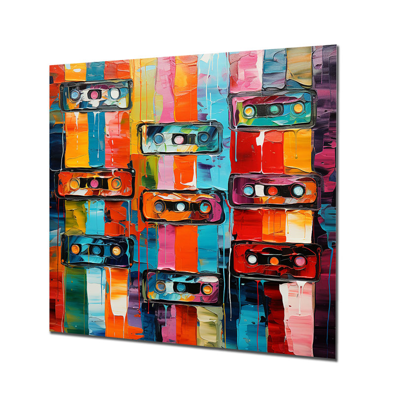 Cassettes colorées abstraites et mélodiques V - Cassette, art mural en métal, H 36 po x l 36 po