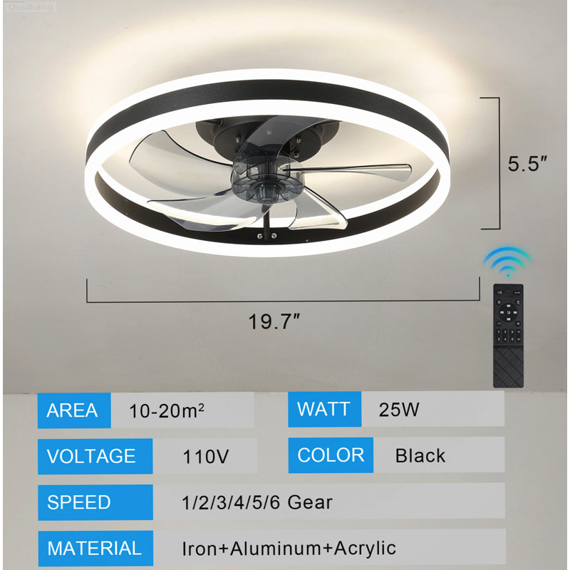 Ventilateur de plafond à moteur à courant continu réversible 6 vitesses Modern, Matte Black