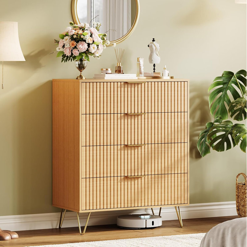 4-Drawer Fluted Wooden Dresser with Metal Handles, 32" Wide Bedroom Chest, Modern Storage Cabinet for Bedroom or Living Room