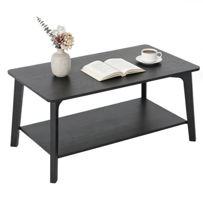 Black Wood Grain 2-Tier Rectangular Coffee Table, Simple Double Shelf Cocktail Table with Curved Legs, Minimalist Open Storage Center Table for Small Living Room Apartment