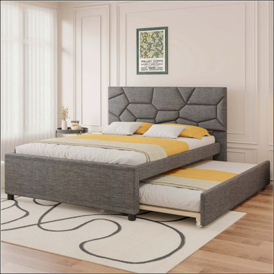 Lit plateforme tapissier avec tête de lit et lit gigogne à motif brique