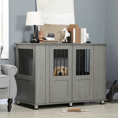 Mobilier pour cage de chien, meubles de table de bout en bois avec portes magnétiques verrouillables, cage pour animal de compagnie très grande taille, gris