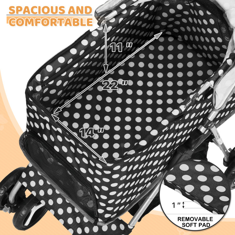 Black and White Polka Dot Foldable Pet Stroller with Steel Frame