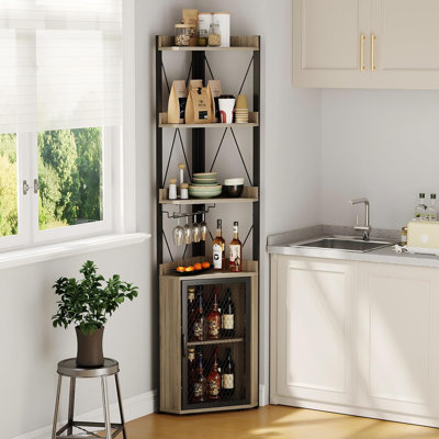 Corner Bar Cabinet 69 Inch Tall,5-Tier Liquor Cabinet with Wine Rack and Glass Holder, Farmhouse Storage with Barn Door, Space-Saving Corner Cabinet for Living Room Kitchen Home Bar