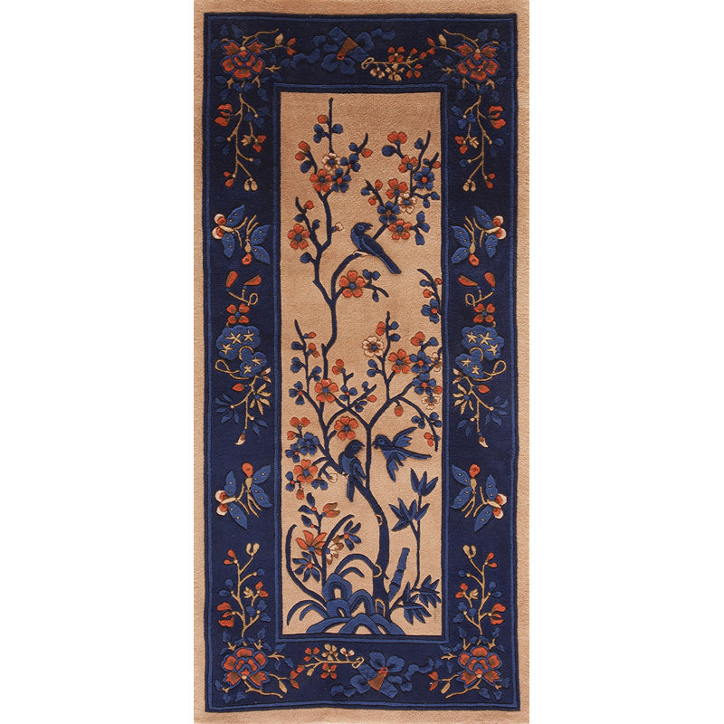Tapis beige en laine noué à la main de conception unique 6 pi x 9 pi