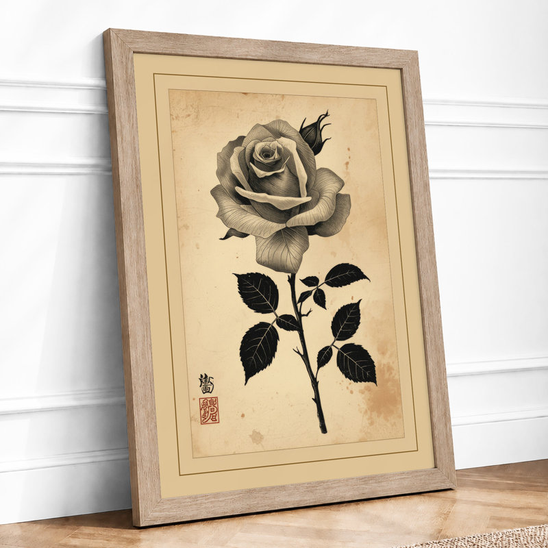 Single Rose In Bloom Botanical - Print, A2 - 59.4 x 42.0 cm, Oak