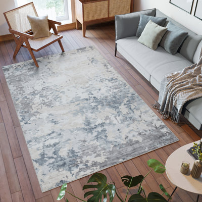 Tapis industriel moderne abstrait Rayna Kaori, beige clair, ivoire, lavable à la machine, pile plate pour le salon et la chambre à coucher - bleu clair, 6 x 9