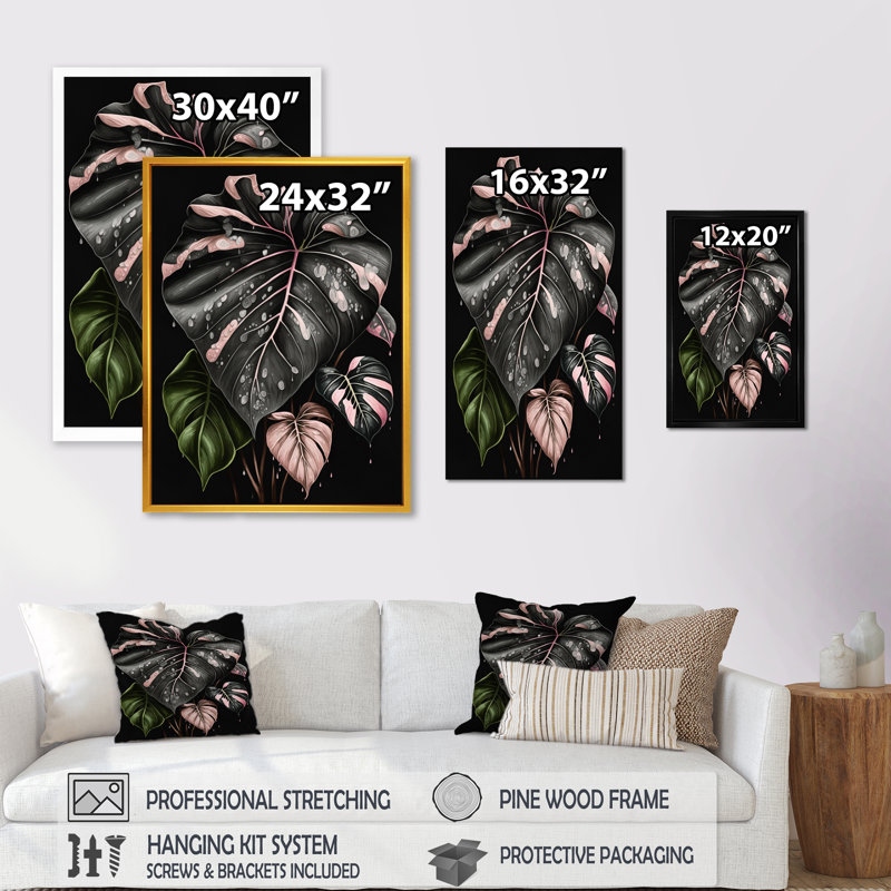 «Rose and White Philodendron Leaf I», reproduction sur toile, L 12 po x H 20 po, Impression noire sur toile encadrée